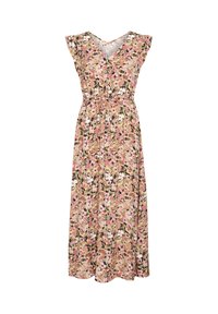 Blomster maxi kjole i pink, gul og grønne nuancer. V-udskæring med lette ærmer, indsnævret talje med snor og svajende silhuet.