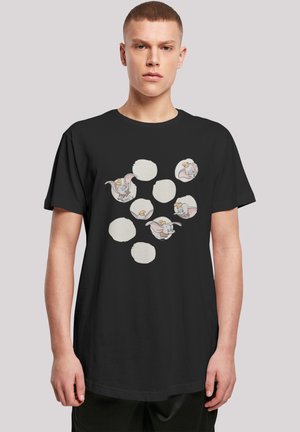 Black t-shirt featuring a graphic print of Dumbo surrounded by circular white accents. Made of soft fabric, short sleeves, and a relaxed fit.
