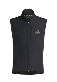 Black cycling vest made of lightweight fabric, featuring a front zip closure, high collar, and reflective logo detail on the chest.