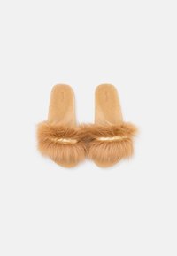 Brown fur slide sandals with a soft texture, featuring a gold accent band and a contoured insole. Flat design, open-toe style.