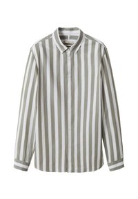 Camicia a maniche lunghe con colletto button-down, caratterizzata da righe verticali in verde oliva e bianco, realizzata in un tessuto dalla consistenza liscia.