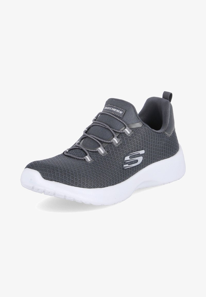 Graue Sportschuhe mit einem Mesh-Obermaterial, elastischen Schnürsenkeln und einem gepolsterten Kragen. Verfügt über eine weiße Sohle und das Skechers-Logo an der Seite.