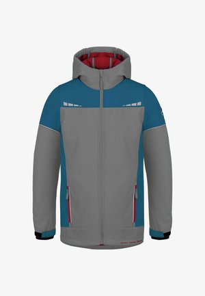 Graue und blaue Outdoor-Jacke mit Kapuze, Reißverschluss, Seitentaschen und kontrastierendem roten Innenfutter. Mit reflektierenden Details an den Schultern.