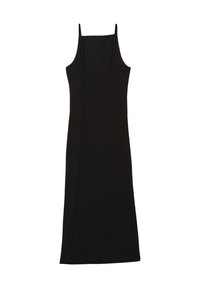 Vestito nero senza maniche realizzato in tessuto a coste; presenta una silhouette aderente e spalline rettangolari. Tessuto morbido, design fino al ginocchio.