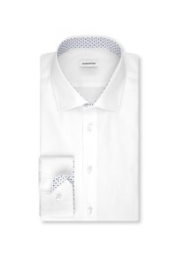 Chemise habillée pour homme blanche pliée, avec un col classique et des poignets doublés d'un motif à pois bleu à l'intérieur.