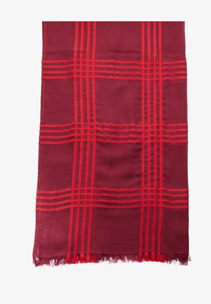 Écharpe rectangulaire bordeaux avec des rayures horizontales et verticales rouge vif formant un motif en grille et des bords frangés en bas.
