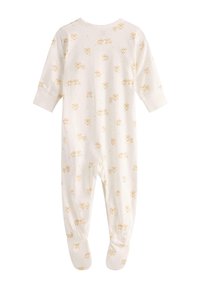 Lekki bawełniany kombinezon z długimi rękawami i z dnem. Kremowe tło z rozrzuconymi pastelowymi wzorami owiec. Posiada miękkie mankiety.
