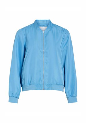 Hele sinine naiste bomber jope esilukuga, soonikkoes mansettide, ääre ja külgtaskutega, valmistatud VILA brändi poolt.