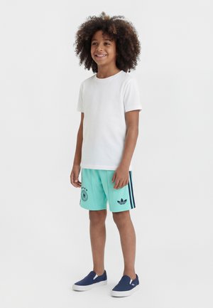 Enfant souriant aux cheveux bouclés portant un t-shirt blanc, un short Adidas turquoise à rayures noires, et des chaussures bateau bleu marine, debout.