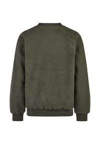 Grüner Fleece-Pullover mit strukturiertem Oberflächenmaterial, gerippten Bündchen und Saum. Verfügt über einen runden Ausschnitt und Raglanärmel für Komfort und Passform.