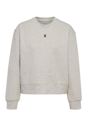 Jasnoszara bluza z okrągłym dekoltem, długimi rękawami i małym czarnym logo w kształcie chevrona umieszczonym na środku poniżej dekoltu.