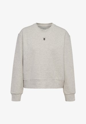 Jasnoszara bluza z okrągłym dekoltem, długimi rękawami i małym czarnym logo w kształcie chevrona umieszczonym na środku poniżej dekoltu.