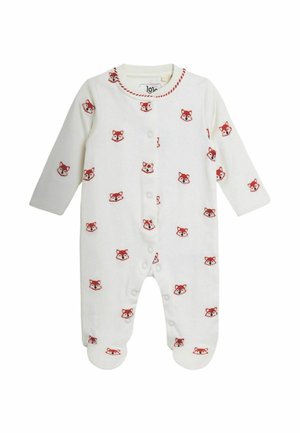 Witte babybody met lange mouwen, rode vos gezichtpatronen en drukknopen aan de voorkant en op de benen voor makkelijk aantrekken.