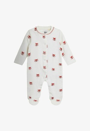 Hvid babyheldragt med lange ærmer med røde ræveansigter og trykknapper foran og på benene for nem påklædning.