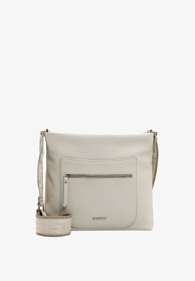 Vaaleanharmaa nahkainen olkalaukku, jossa on edessä vetoketjullinen tasku, teksturoitu pinta ja kudottu säädettävä hihna, jossa on hienovarainen kuvio.