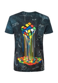 Marškinėliai su Rubiko kubo dizainu, kurio spalvoti lašai matomi juodame fone, papildomi matematinėmis lygtimis baltos spalvos.