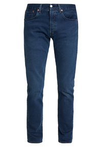 Mörkblå jeans i slim fit, med en klassisk fem-fickorsdesign, kontrasterande orange sömmar och en metallknappslåsning.