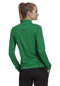 Groene blouse met lange mouwen en een opstaande kraag, met een gladde textuur en een getailleerd ontwerp, gecombineerd met zwarte broek. Minimalistische stijl, geen zichtbare logo's.