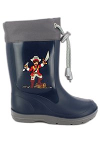 Botte de pluie en caoutchouc bleue avec un revers gris, présentant un graphique de pirate tenant une épée et un coffre au trésor sur le côté. Détail en cordon argenté.