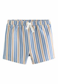 Shorts pour tout-petit avec des rayures verticales bleues, beiges et blanches, dotés d'une taille élastique et d'un nœud blanc à l'avant au centre.