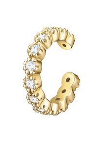 Pendiente de aro dorado que presenta gemas claras alternas, caracterizado por un diseño de bordes ondulados y múltiples agujeros para un ajuste ajustable.