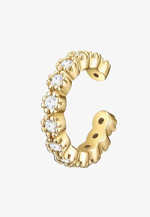 Złota kolczyk w kształcie obręczy, ozdobiony naprzemiennymi przezroczystymi kamieniami, charakteryzujący się falistym wzorem i wieloma otworami umożliwiającymi regulację dopasowania.