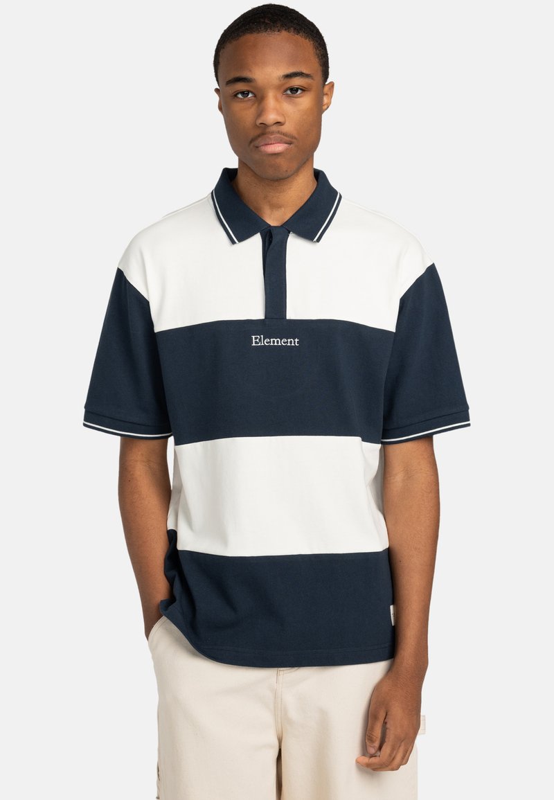 Striped polo shirt in navy blue and white, made of cotton. Features a collar, short sleeves, and front embroidery with the brand name "Element."