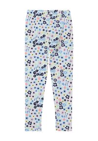 Blumenleggings mit einem pastellfarbenen Hintergrund, auf dem blaue, rosa, gelbe und marineblaue Blumen abgebildet sind, elastischem Taillenbund und einem weichen, dehnbaren Stoff.