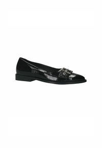 Zwarte gepatineerde ballet flats met een vierkante neus en dubbele gespaccenten. Laag profiel voor gemakkelijke draagbaarheid. Glanzende afwerking overal.