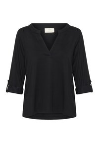 Haut noir avec un décolleté en V et des manches trois-quarts. Fabriqué en tissu doux, il présente des poignets à rabat et une coupe décontractée.