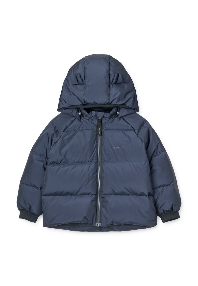 Tumesinine puhvjakker, millel on kapuuts, lukkamine tõmblukuga, elastsed mansetid, tikitud disain ja pehme kangas. Kerge ja isoleeritud.