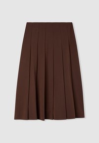Gonna a pieghe marrone realizzata in tessuto testurizzato, caratterizzata da molteplici pieghe verticali e un orlo dritto, senza hardware o accenti visibili.