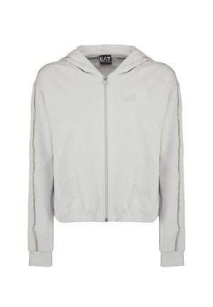 Felpa con zip grigia chiara realizzata in tessuto morbido, dotata di cappuccio, dettagli laterali a striscia argentata e polsini a coste sulle maniche e sull'orlo.