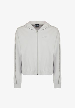 Felpa con zip grigia chiara realizzata in tessuto morbido, dotata di cappuccio, dettagli laterali a striscia argentata e polsini a coste sulle maniche e sull'orlo.
