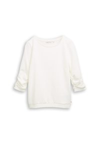Weißes Sweatshirt mit Rundhalsausschnitt, Dreiviertelärmeln und leicht verkürztem Saum. Weicher Stoff mit geripptem Finish.