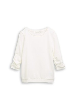 Witte sweatshirt met een ronde hals, driekwart mouwen en een iets verkorte zoom. Zacht materiaal met een ribgebreide afwerking.