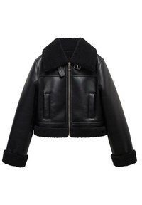 Giacca corta in pelle nera con colletto e polsini in pelliccia nera soffice. Presenta una chiusura frontale con cerniera e due tasche orizzontali.