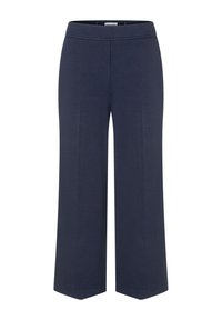 Navyfarbene weit geschnittene Hose aus einem weichen Stoff, mit einem flachen Bund und minimalen Nähten für ein glattes Finish.