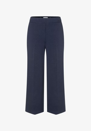 Navy wide-leg pants made of a soft fabric, featuring a flat waistband and minimal seams for a smooth finish.