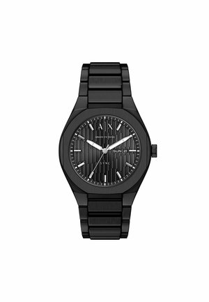 Schwarze Armani Exchange Armbanduhr mit Metallgliedband, strukturiertem rundem Zifferblatt, silbernen Stundenmarkierungen und Zeigern, Anzeige von Tag und Datum auf dem Zifferblatt.