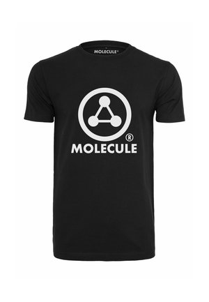 Camiseta negra de algodón con un gran logo circular blanco que presenta un gráfico molecular y la palabra "MOLECULE" en la parte inferior.