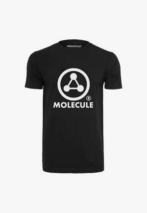 Camiseta negra de algodón con un gran logo circular blanco que presenta un gráfico molecular y la palabra "MOLECULE" en la parte inferior.
