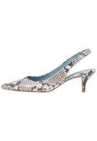 Décolleté con cinturino in stampa serpente, caratterizzati da un interno blu chiaro e un tacco sottile di altezza media per un profilo elegante.