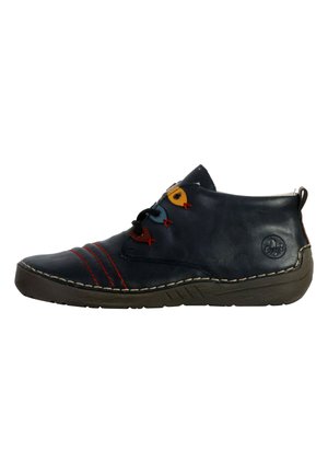 Zwarte leren enkellaarzen met rode, blauwe en gele accenten. Geavanceerd oppervlak, ronde neus en contrasterende stikseldetails. Rubberen zool.