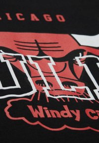 Camiseta negra con un diseño gráfico destacado en rojo y blanco. El texto dice “BULLS” con una ilustración de cabeza de toro y “Windy City” debajo.