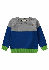 Sweter dzianinowy z szarym górnym elementem, niebieskim �środkowym i zielonym ribb wykończeniem. Posiada okrągły dekolt i dwa guziki na ramieniu.