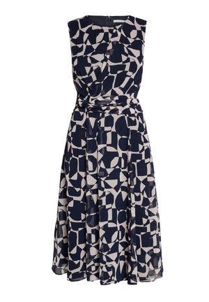 Ärmelloses Midikleid mit abstraktem marineblau-weißem geometrischem Muster, tailliert und mit plissiertem Rock.
