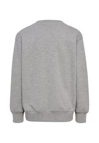 Enkel lys grå sweatshirt med ribstrikkede manchetter og kant, vist bagfra på en hvid baggrund.