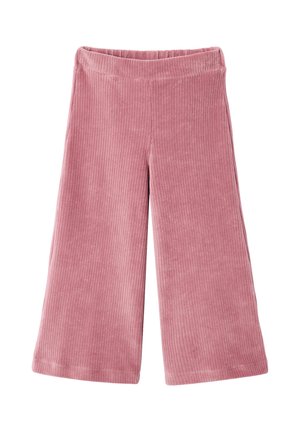 Pink wide-leg corduroy pants with an elastic waistband, showing vertical ribbed texture and a loose fit.