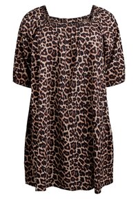Leopard print dress with a square neckline and short sleeves, made from soft fabric with a loose, relaxed fit.